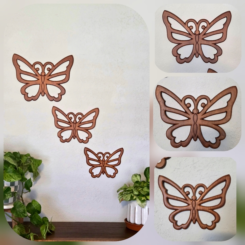 Vintage Carved Wooden Butterflies  Wall Hanging  Decor Set Of 3
